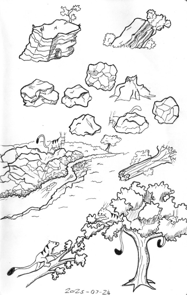 Sketch of various rock formations, trees, and creatures in a natural landscape, showcasing different textures and styles.